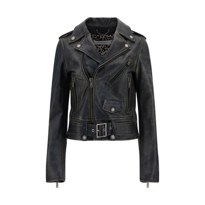 Golden Goose Black Calf Leather Bos Taurus Biker Jacket with asymmetrical zipper, classic lapels, and metallic buckle belt.