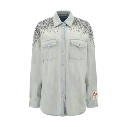 Golden Goose Blue Denim Shirt with pearl snap buttons, beaded shoulders, and oversized fit, 100% cotton, AW25 collection.