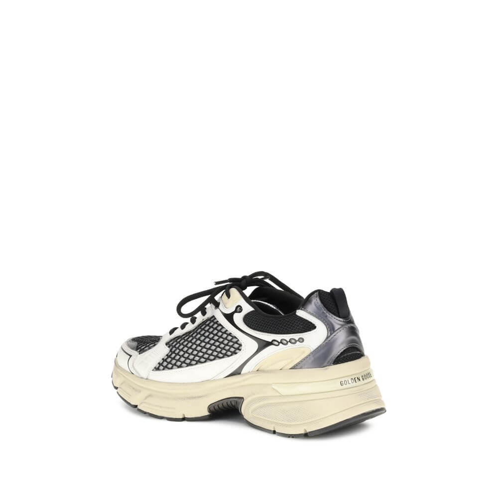 Golden Goose Multicolor Polyester Athletic Sneakers with rose gold heel and beige star detail, side view on white background