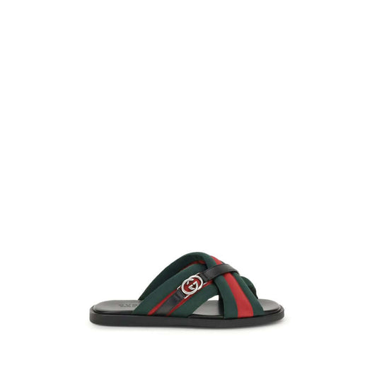 Gucci Black Polyamide Flat Sandals featuring green and red Web fabric with silver-tone GG logo; elegant and prestigious design. AW25 Collection.