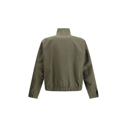 Back view of Gucci Green Cotton Bomber jacket with high collar, side pockets, and ribbed hem, featuring a blend of 70% cotton and 30% polyester.