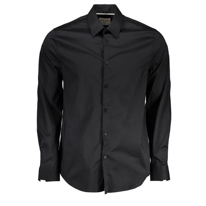 Guess Jeans Black Cotton Shirt, slim fit, long sleeves, Italian collar, organic cotton, embroidery logo, 2 button cuffs.