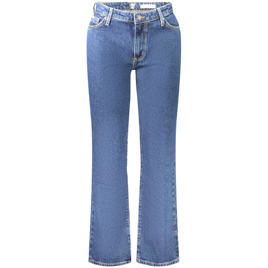 Guess Jeans Blue Cotton Women's Straight Jean with a mid-rise design and five-pocket style in a classic blue color.