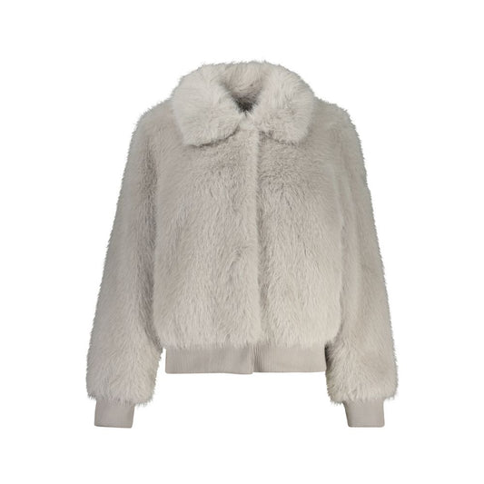 Guess Jeans Gray Polyester Jackets & Coat with fur texture, 2 external pockets, and logo detail.