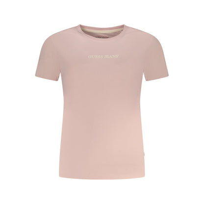 Guess Jeans Pink Cotton T-Shirt with short sleeves, crew neck, and logo print on organic cotton.