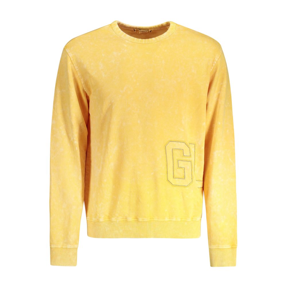 Guess Jeans Yellow Cotton Men Sweater with embroidered logo and washed effect, long sleeves, and crew neck for stylish comfort.