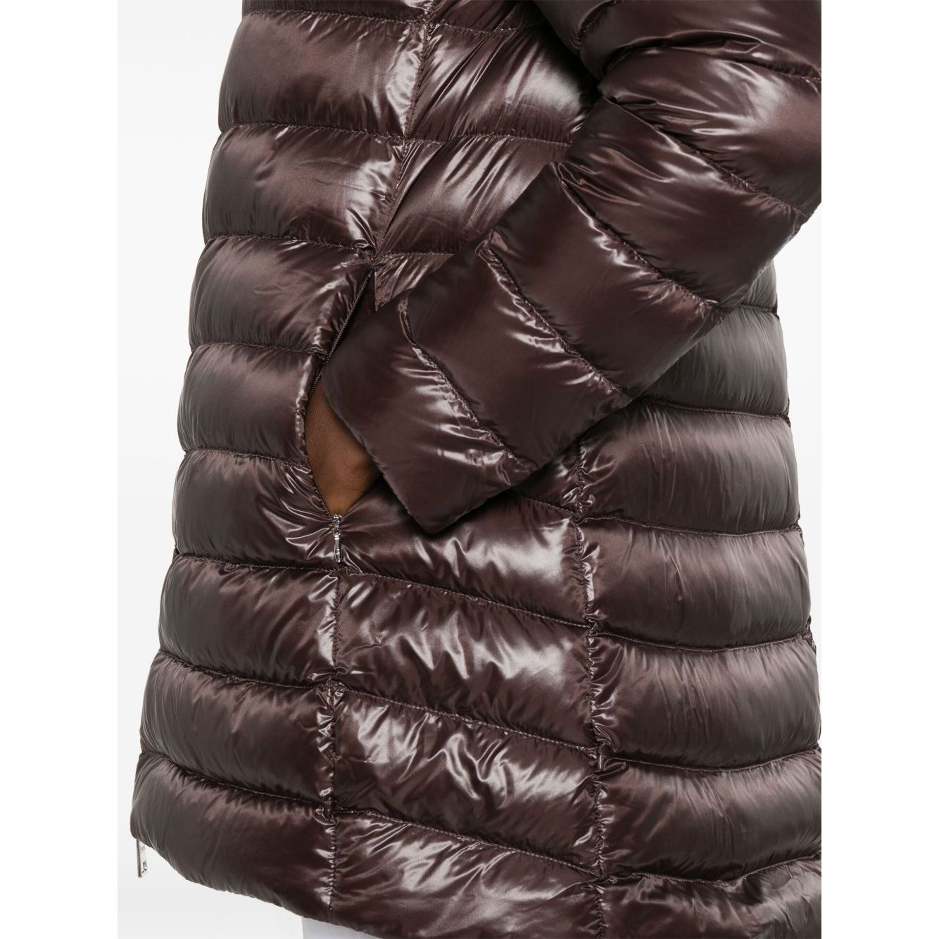 Herno Coats Brown with chocolate hue, high-shine finish, two-way zip, drawstring hood, and zip pockets, showcasing A-shape midi design.