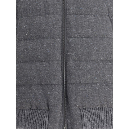 Close-up of Herno Gray Wool Bomber with mélange pattern, featuring ribbed knit hem and texture details, highlighting zipper and fabric quality.