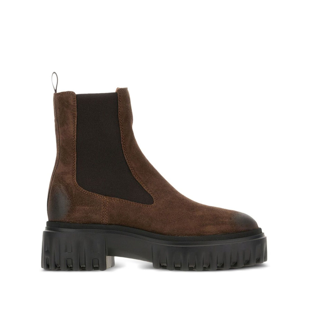 Hogan Pre 50mm elastic-panel leather boots with brown platform sole, slip-on style, and elastic side panels.