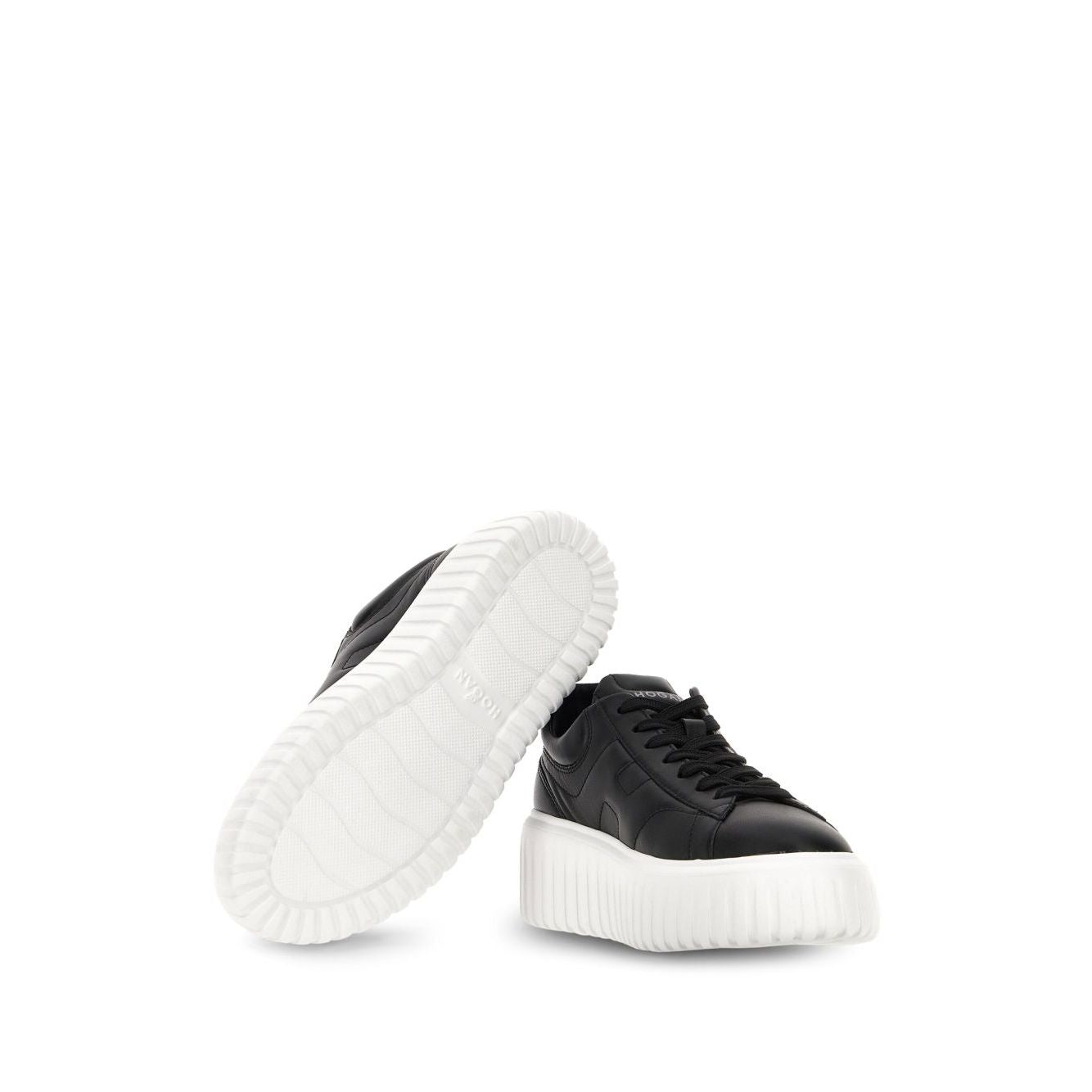 Hogan Pre Hogan H-Stripes black leather sneakers with round toe and flatform sole, featuring rubber outsole for stylish comfort.