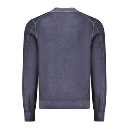 Hugo Boss Blue Wool Sweater, long-sleeved crew neck with embroidery and logo, back view.