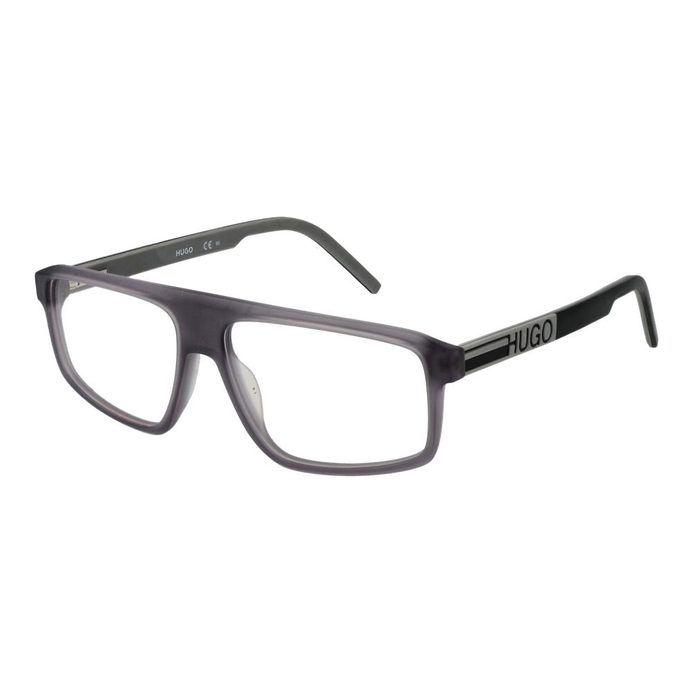 Hugo Boss Gray Acetate Glasses (Frames) in full-rim rectangle style with branded case included. Lenses width 56mm, adjustable spring hinge temples.