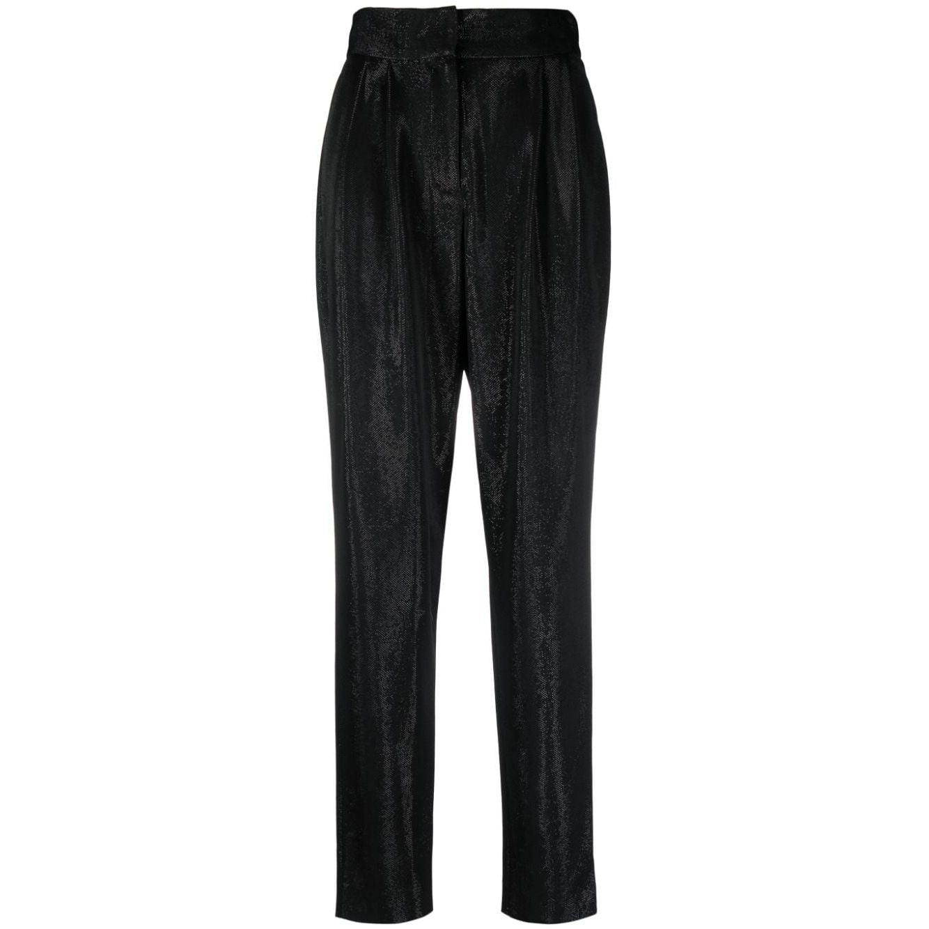 Iro Trousers Black featuring high-waist design with a high-shine finish, straight fit, and concealed fly with button fastening.