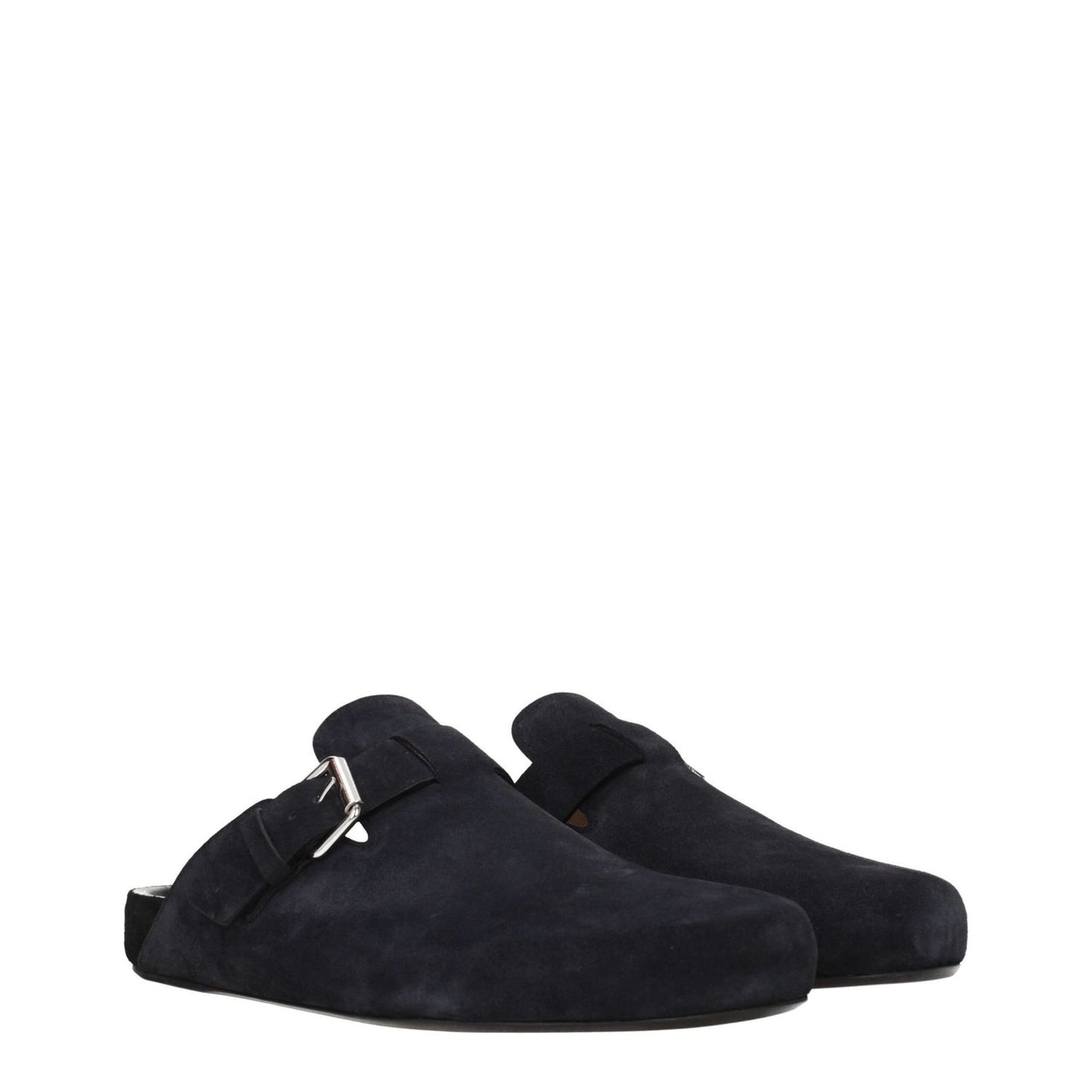 Isabel Marant Black Leather Slippers with suede finish and round toe, featuring side detail and vintage effect.
