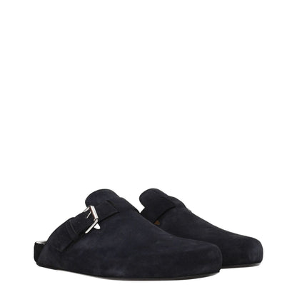 Isabel Marant Black Leather Slippers with suede finish and round toe, featuring side detail and vintage effect.