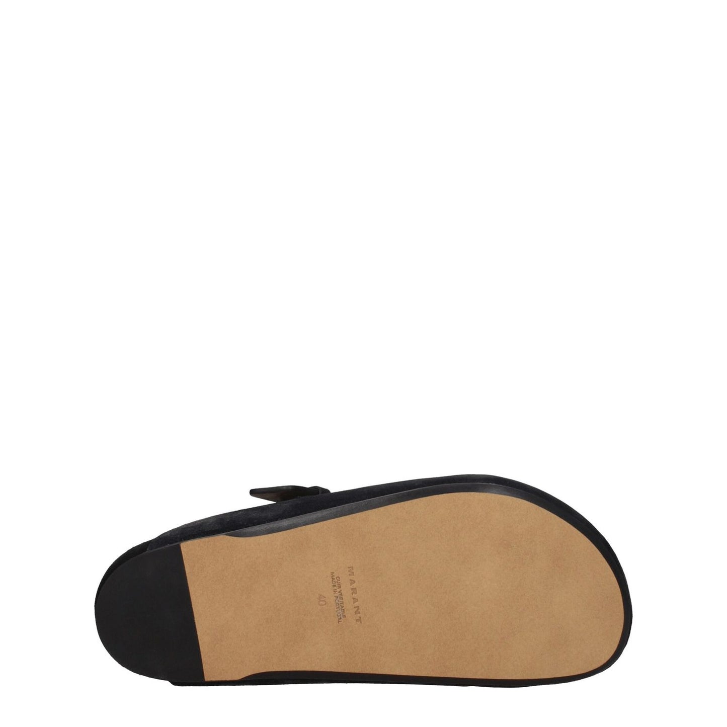 Isabel Marant Black Leather Slippers showing the rubber sole and vintage side detail, designed with a round toe and low flat heel.