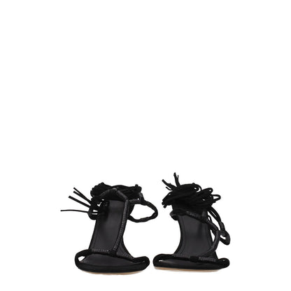Isabel Marant Black Leather Stiletto Heel Sandals featuring black suede and self-tie closure, open toe with high stiletto heel, front view.