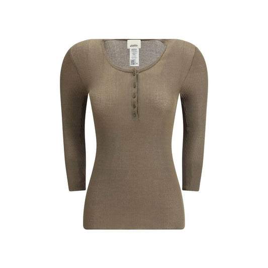 Isabel Marant Green Cotton Top with ribbed design, long sleeves, round neckline, and button closure, perfect for versatile everyday wear.