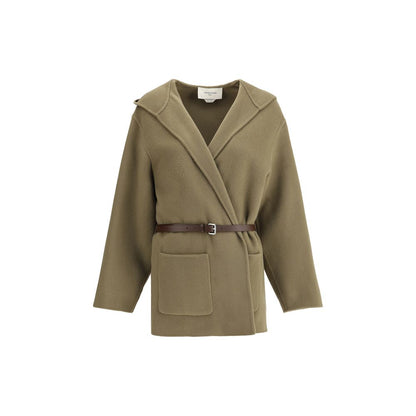 Jacob Cohen Brown Fleece Wool Coat with hood, belted waist, and patch pockets, made from cream brushed wool. Elegant and refined design for AW25.