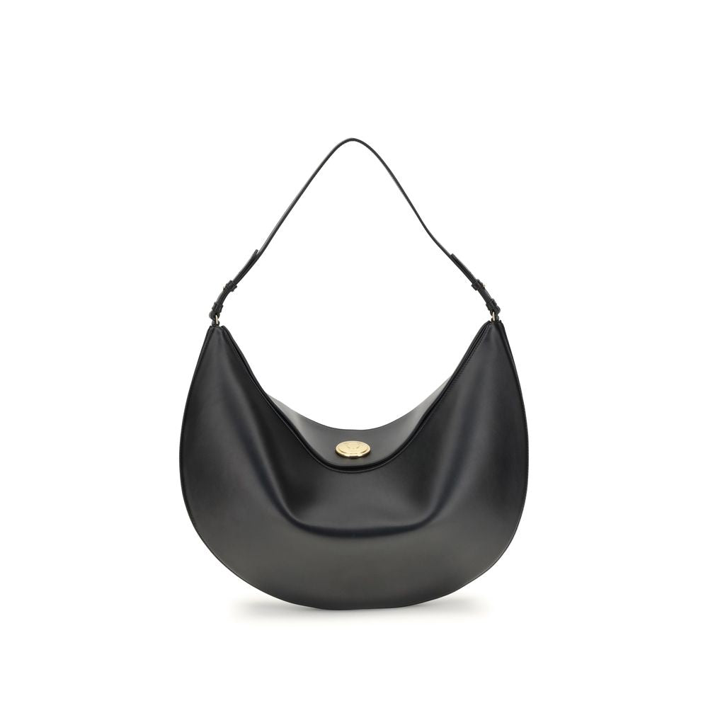 Jacquemus Black Calf Leather Bos Taurus Shoulder Bag with elegant hobo design and engraved snap button closure.