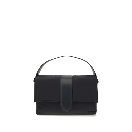 Jacquemus Black Nylon Shoulder Bag with leather handle and magnetic flap, featuring adjustable and removable grosgrain shoulder strap for versatility.