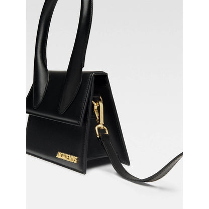 Jacquemus Le Chiquito Moyen Black Bag with gold hardware, removable strap, and reinforced handle showcasing luxury Italian design.