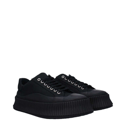Jil Sander Black Fabric Platform Sneakers with lace-up closure and rubber sole, featuring a mid heel and round toe.