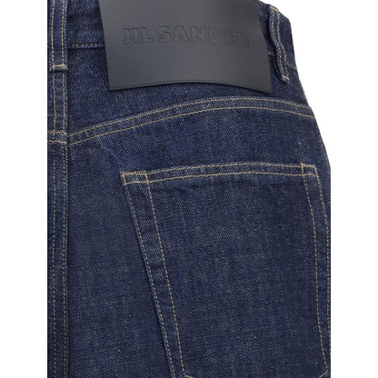 Jil Sander Blue Cotton Straight-Leg Jeans with contrasting logo label and five-pocket design, showcasing back detail.