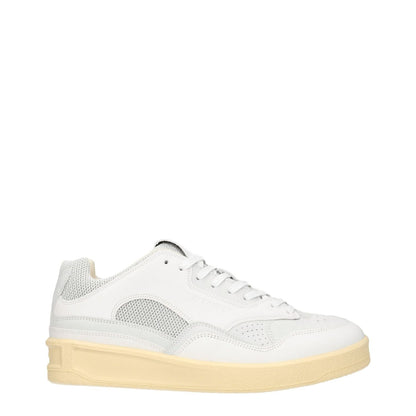 Jil Sander White Leather Low Top Sneakers with back logo and lace-up closure, featuring a light grey detail and round toe.