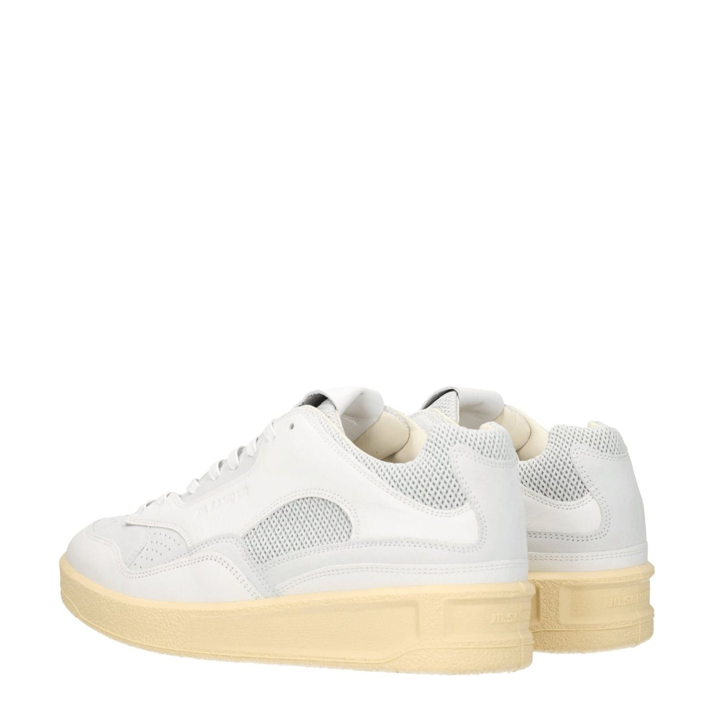 Jil Sander White Leather Low Top Sneakers with light grey accents, lace-up closure, and mid heels, featuring a back logo detail.