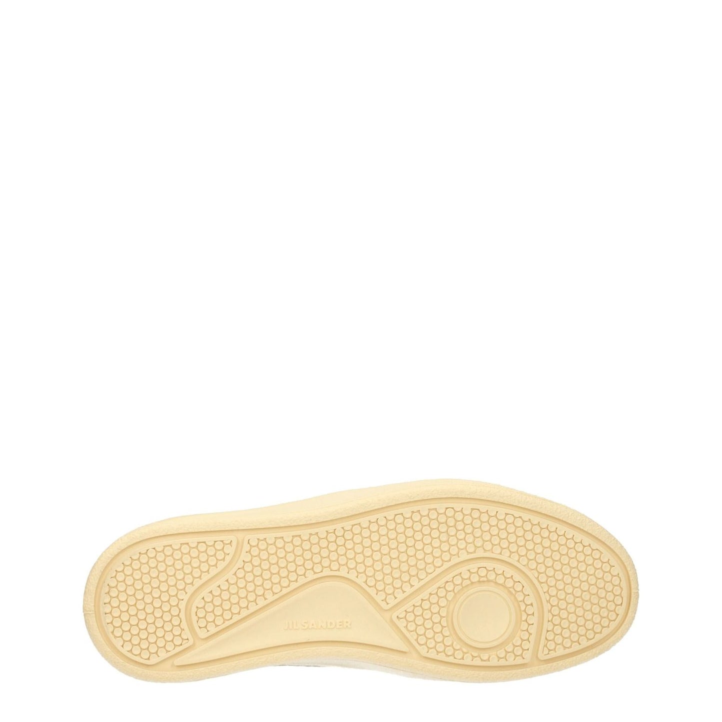 Sole view of Jil Sander White Leather Low Top Sneakers with light beige textured design.