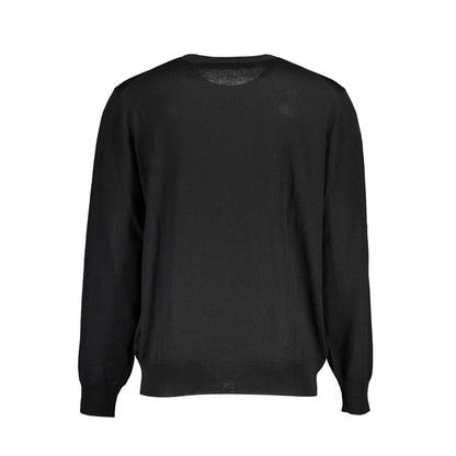 Back view of K-WAY Black Wool Sweater, long-sleeved, round neck, with logo application.
