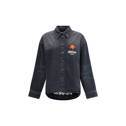 Kenzo Black Denim Shirt with Futura 2000 Boke Flower embroidery, Japanese bleach wash, AW25 oversize fit, cotton elastane blend.