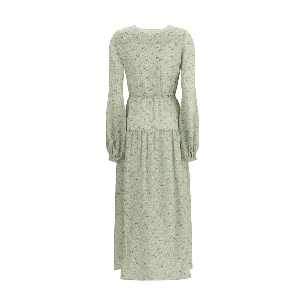 Kristina Ti Green Silk Long Dress with foliage print, featuring mid-bust button closure and elasticized waist for AW25 collection.