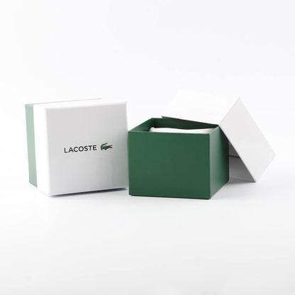 LACOSTE Mod. 2011232 watch packaging showing official green and white box for gent quartz analog timepiece.