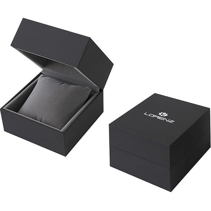 Packaging for LORENZ MOD. 26208EE gentle watch, featuring black box with cushion, ideal for stainless steel quartz wristwatch. Water resistant 10 ATM.