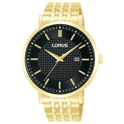 LORUS WATCHES Mod. RH958RX9 gold analog watch with black dial and date display, featuring a classic and elegant design.