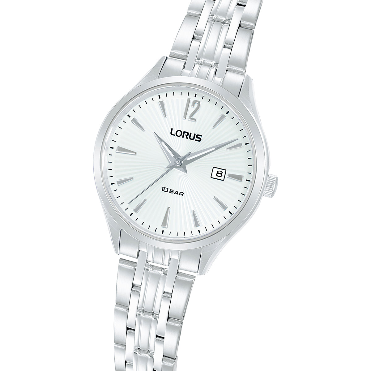 Elegant LORUS WATCHES Mod. RJ201CX9 with silver bracelet and white dial, showcasing fine craftsmanship and style.