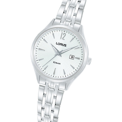 Elegant LORUS WATCHES Mod. RJ201CX9 with silver bracelet and white dial, showcasing fine craftsmanship and style.