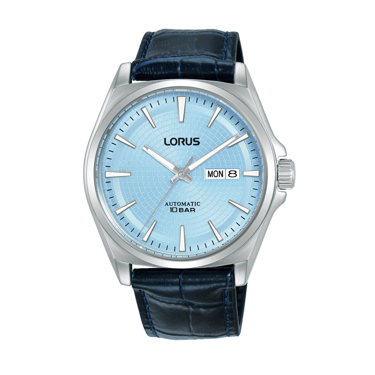 LORUS WATCHES Mod. RL417CX9 with blue dial and black leather strap, showcasing day-date feature and automatic movement.