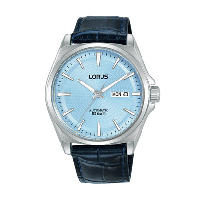 LORUS WATCHES Mod. RL417CX9 with blue dial and black leather strap, showcasing day-date feature and automatic movement.
