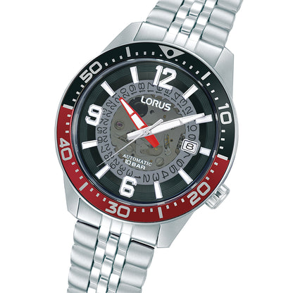 LORUS WATCHES Mod. RU413AX9 with silver band and red-black bezel, displaying a detailed dial with luminous hands and numerals.