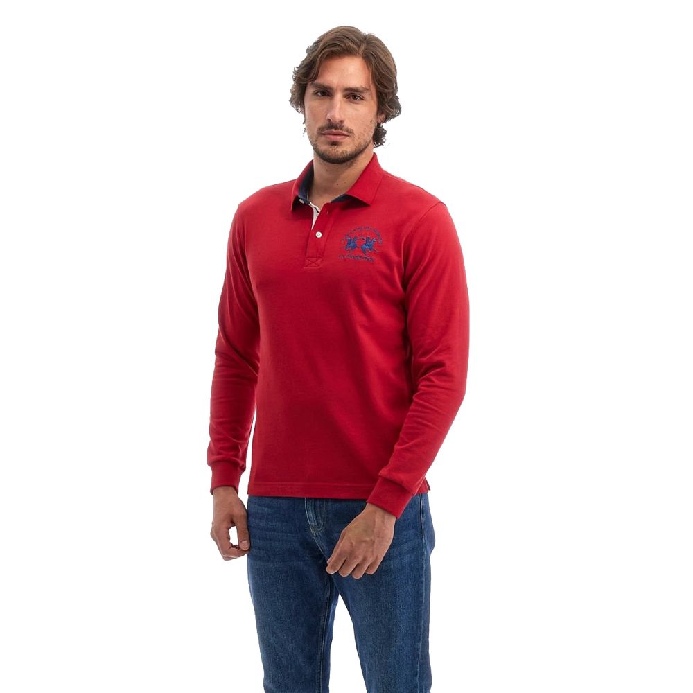 Man wearing La Martina Red Cotton Polo Shirt with blue logo embroidery and long sleeves.