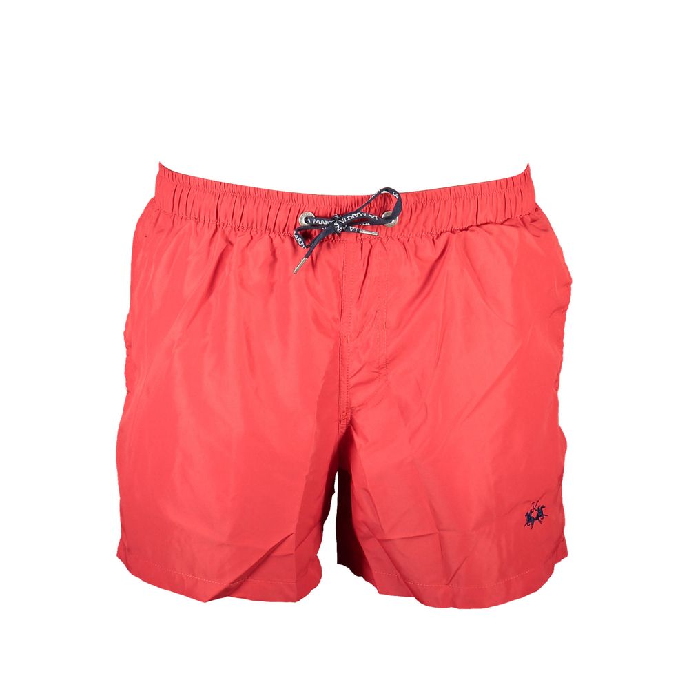 La Martina Red Polyester Swimwear with elastic waist, laces, and 3 pockets. Features inside slip and embroidered logo.