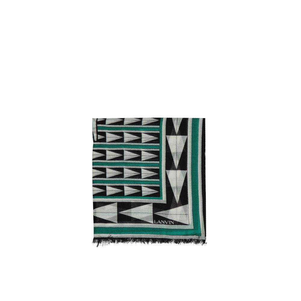 Lanvin Green Wool Scarf with geometric pattern and fringe finish, 100% wool, contrast logo detail, 200x70 cm, made in Italy for women.