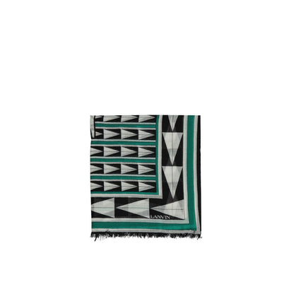 Lanvin Green Wool Scarf with geometric pattern and fringe finish, 100% wool, contrast logo detail, 200x70 cm, made in Italy for women.