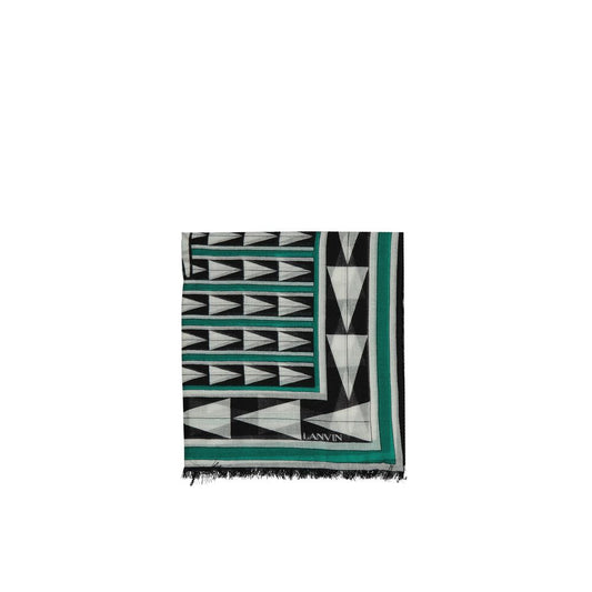 Lanvin Green Wool Scarf with geometric pattern and fringe finish, 100% wool, contrast logo detail, 200x70 cm, made in Italy for women.