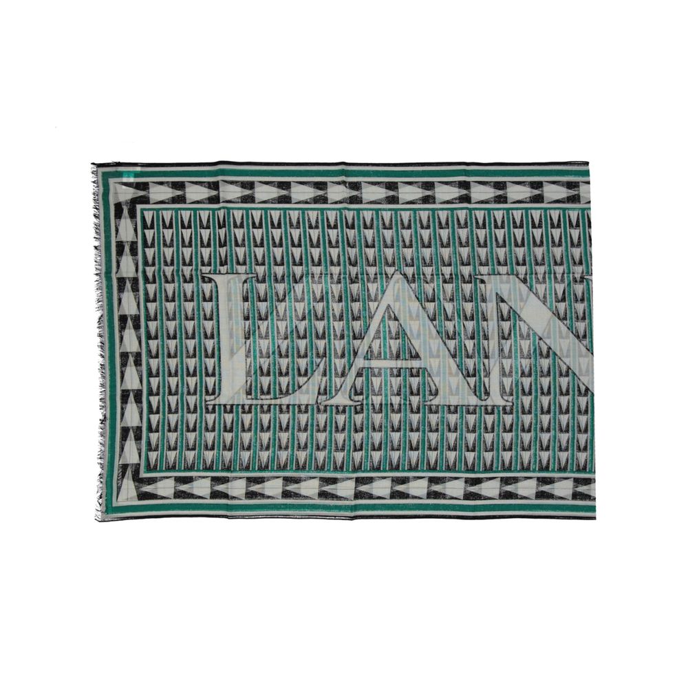Lanvin Green Wool Scarf with fringe finish, contrast logo detail, 200 cm length, 70 cm height, made in Italy, for women.