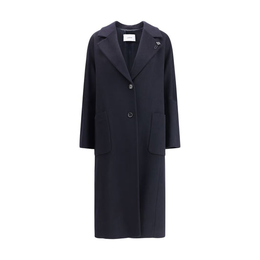 Lardini Black Cashmere Coat with wide lapels and button closure, featuring patch pockets and back slit for a chic silhouette.