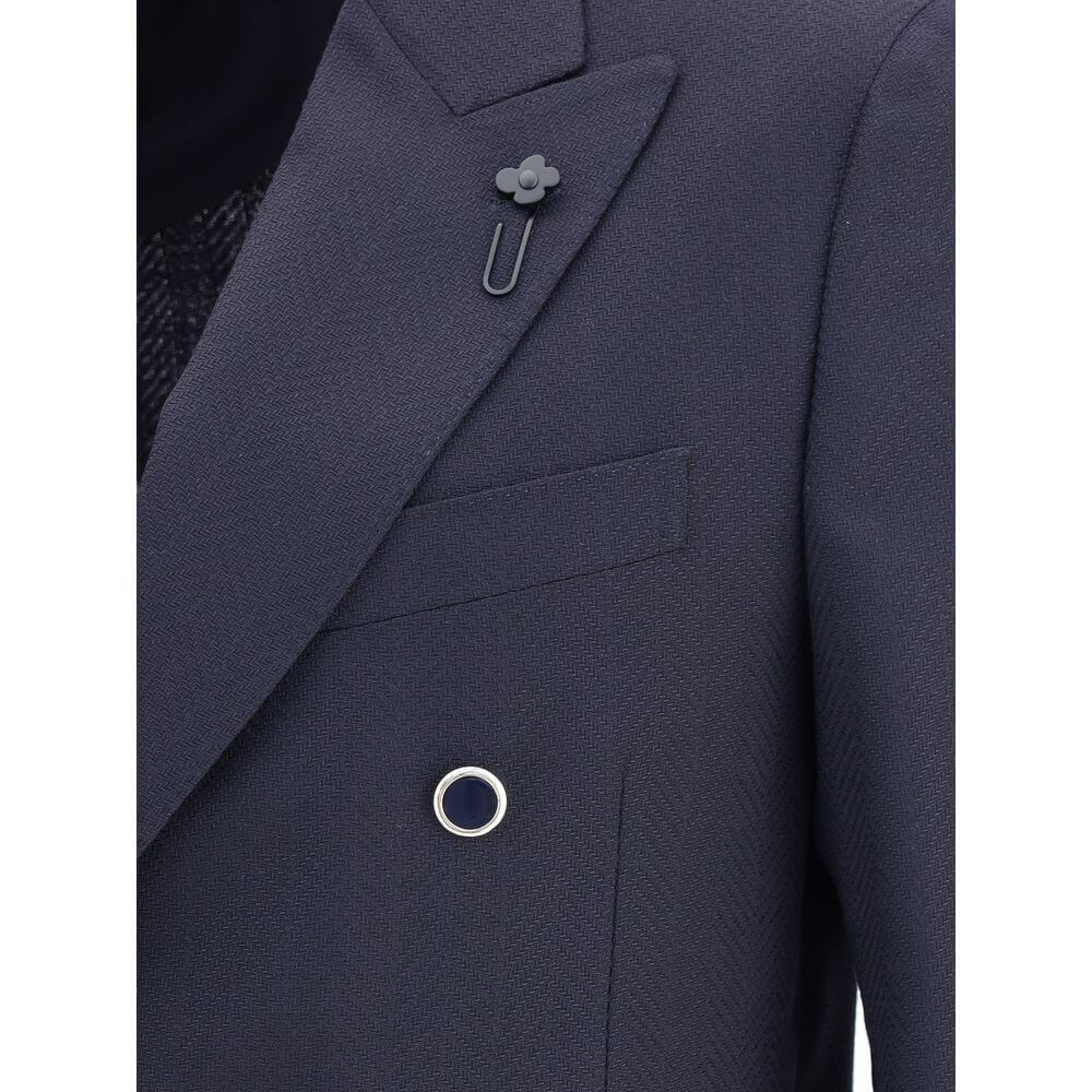 Lardini Blue Fleece Wool Blazer with herringbone pattern and iconic pin, featuring six buttons and spear lapels for a contemporary look.